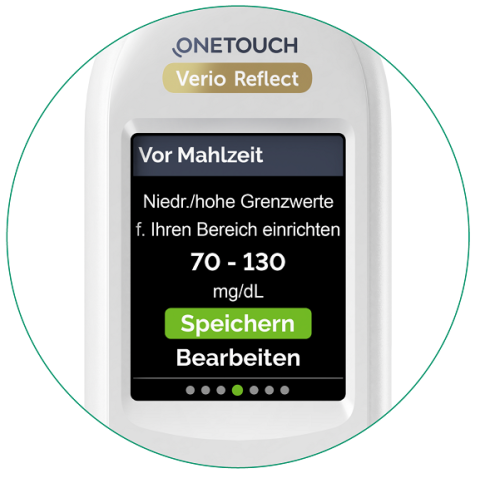 Bestätigen oder bearbeiten Sie die Bereichsgrenzwerte für “Vor Mahlzeit” und “Nach Mahlzeit” 