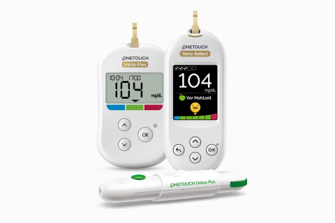 OneTouch Verio Flex und Reflect Blutzuckermessgeräte nebeneinander.